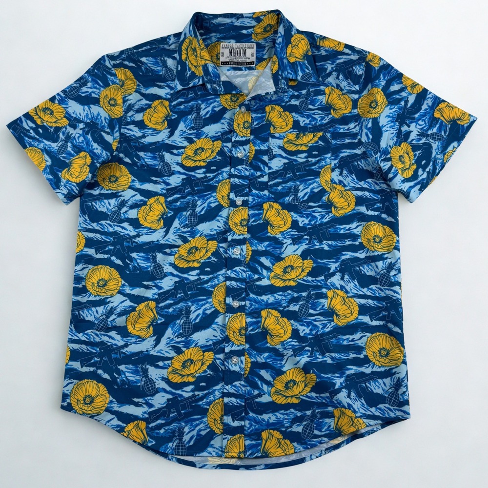 Savage Tacticians Hawaiian Shirt Mens M Blue Poppy Rifles Pineapple Grenades